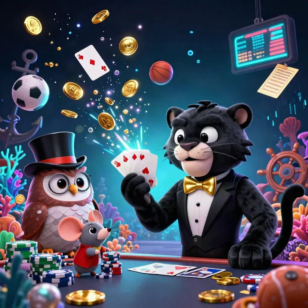 Crystal casino mascots amid coin spray, cards, soccer ball and basketball in neon glow.