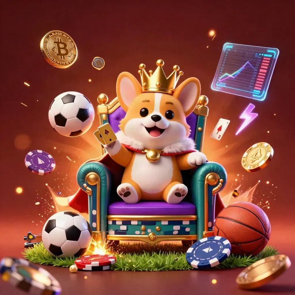 Royal corgi on poker-chip throne with cat butler, coins, lightning, soccer ball and basketball