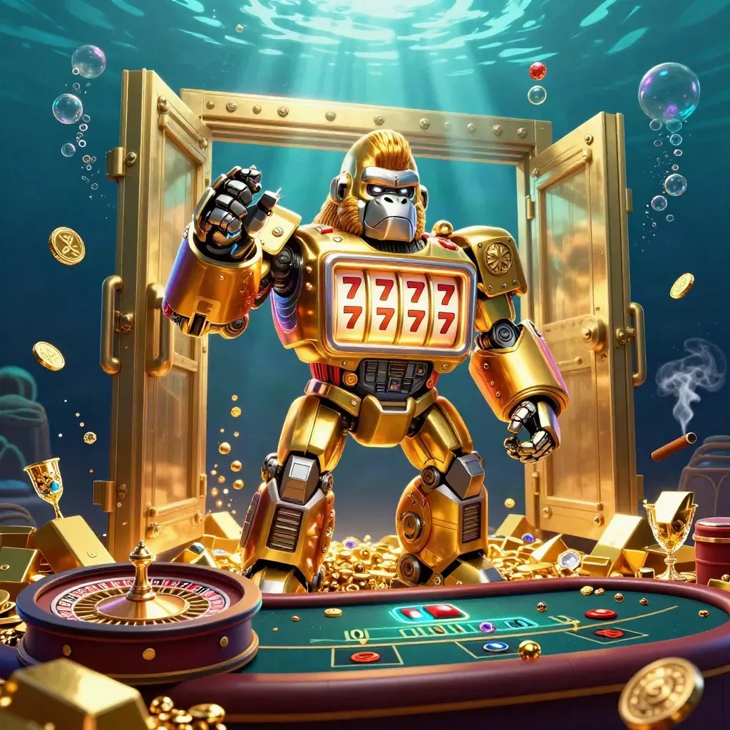 Golden gorilla slot mech and monkey pilot explode from a vault amid gems, roulette, and teal light.