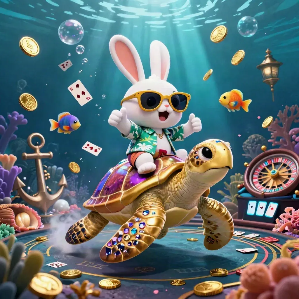 Lucky rabbit rides a gem-shell sea turtle through a glowing underwater casino treasure cove.