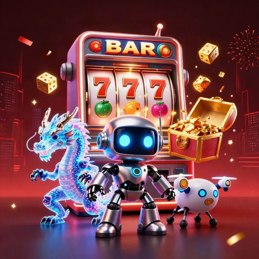 Cyberpunk robot, holographic dragon, and coin drone amid jackpot bursts, gold, and crystal casino effects