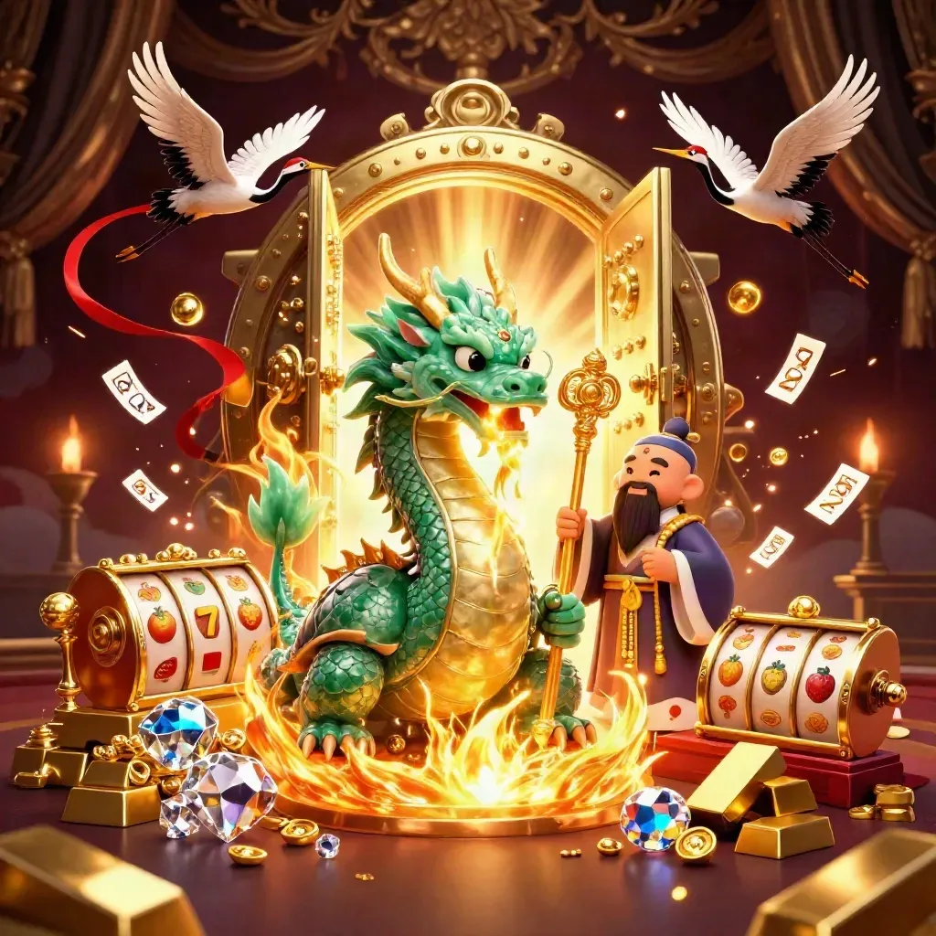 Jade dragon, turtle sage, and cranes amid treasure, gems, and a glowing vault in luxe casino fantasy art.