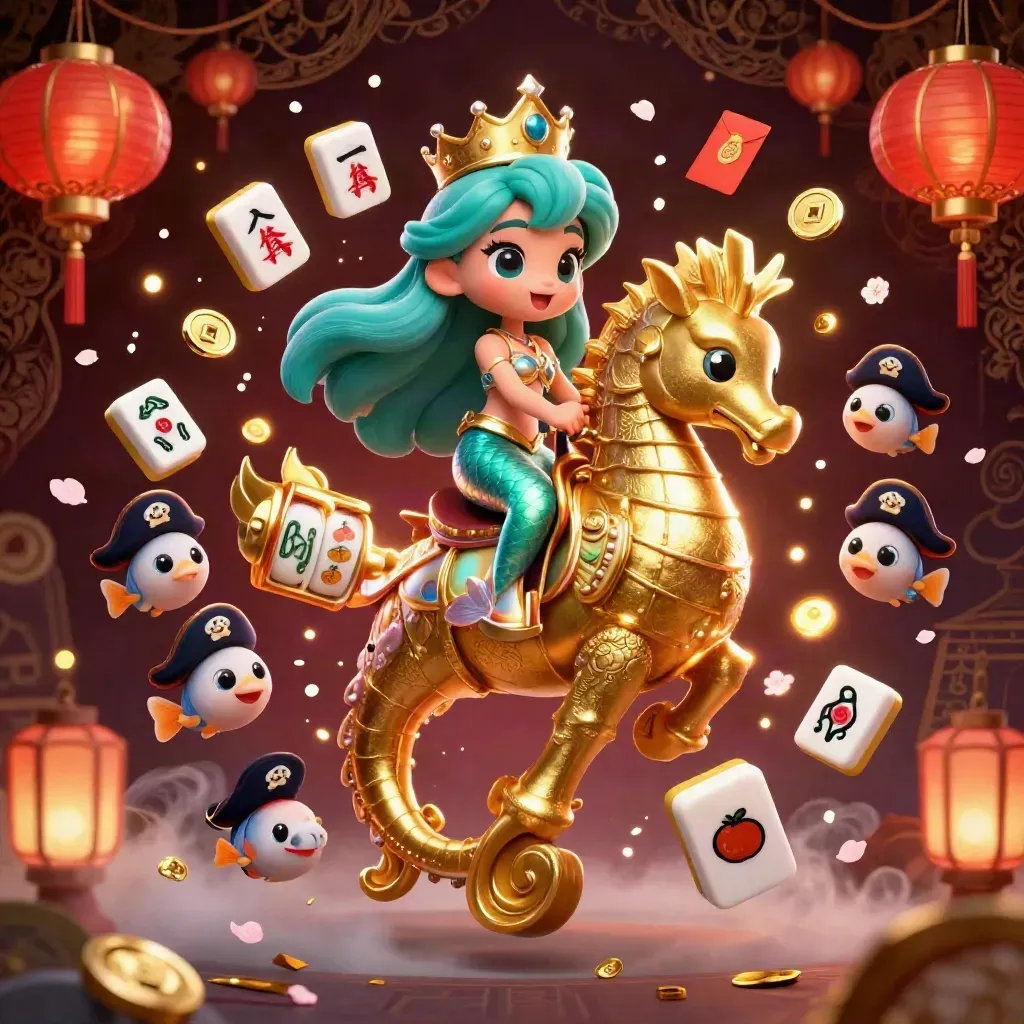 Mermaid princess rides armored seahorse amid pirate fish, slots, lanterns, coins, and fireworks.