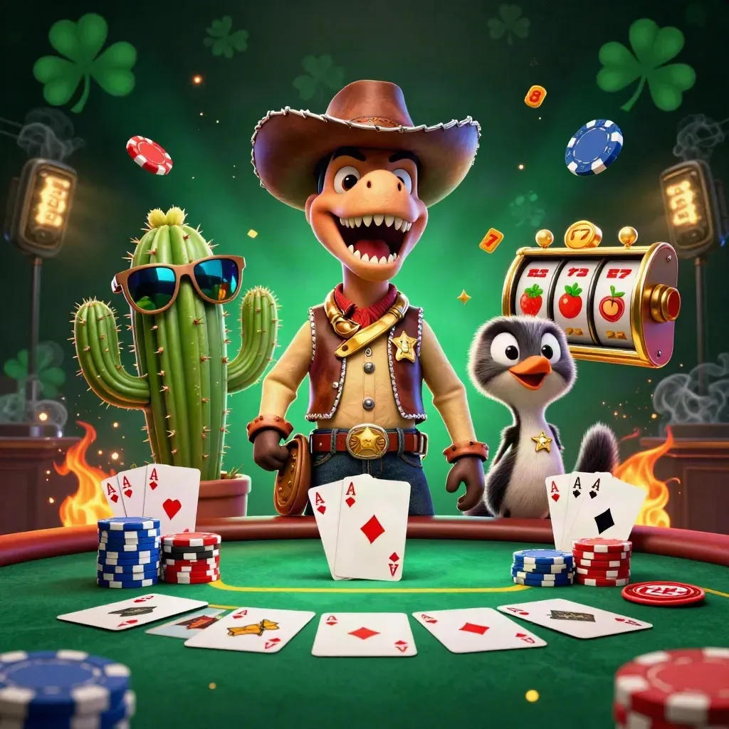 Cowboy T-Rex, cactus sidekick, and roadrunner amid neon chips and crystal casino sparks.